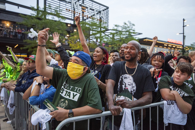 Fans cheer as the Bucks play in the NBA Finals on Wednesday, July 14, 2021, in Milwaukee, Wis. Angela Major/WPR