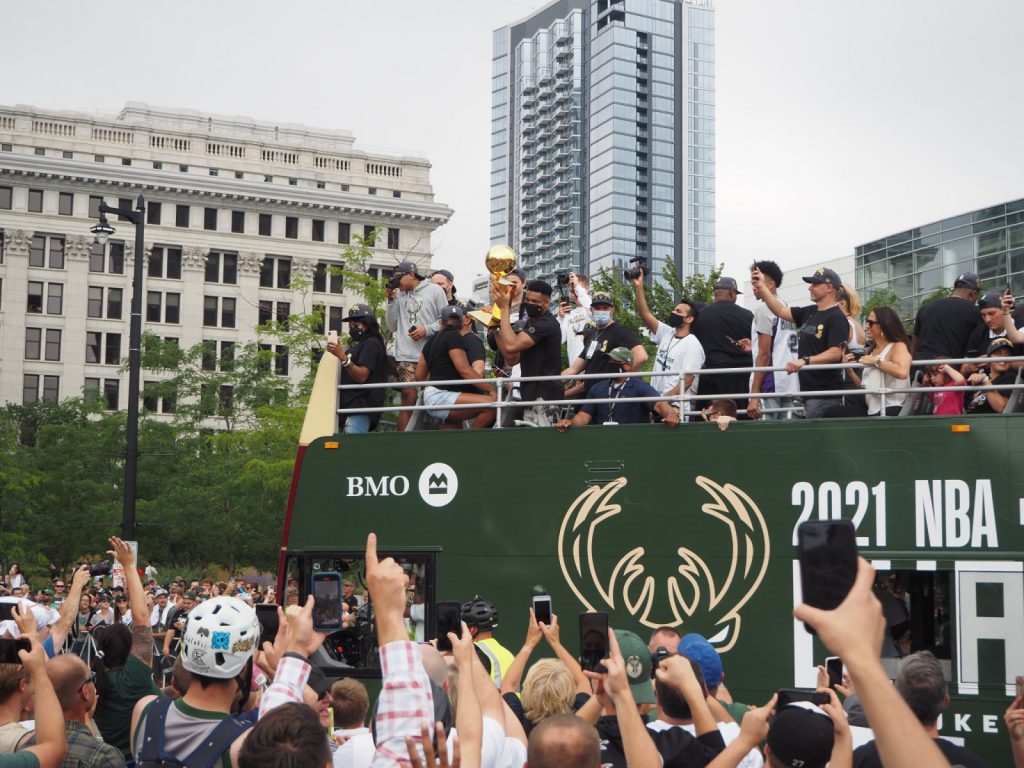 Giannis with championship trophy. Photo taken July 22, 2021 by Hope Moses.