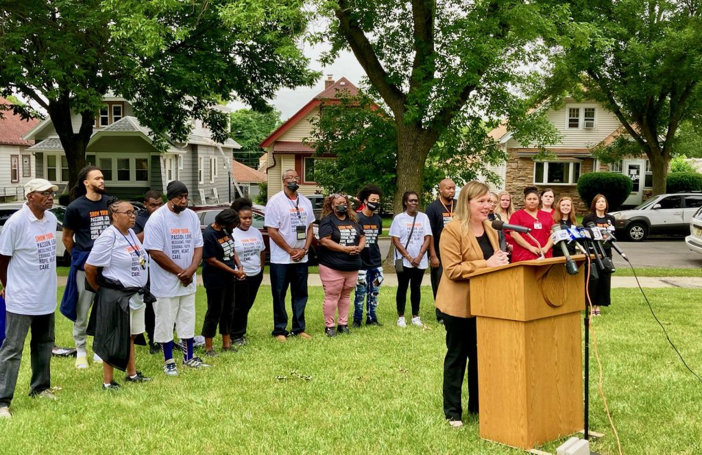 Milwaukee Health Department Commissioner Kirsten Johnson speaks at a news conference earlier this month on door-to-door vaccinations. Photo provided by Milwaukee Health Department/NNS.