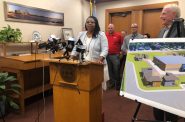 Chantia Lewis speaks at a 2019 press conference on tiny homes for veterans. Photo by Jeramey Jannene.