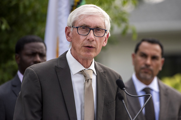 Gov. Tony Evers speaks during a press conference Tuesday, July 6, 2021, in Waukesha, Wis. Photo by Angela Major/WPR.