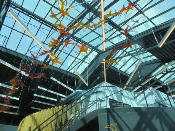 Sculpted birds suspended in the atrium. Photo taken August 17, 2021 by Michael Horne.