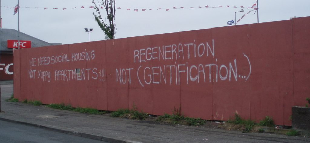 Graffiti opposing gentrification. Photo by Shiraz Chakera, CC BY-SA 2.0 , via Wikimedia Commons