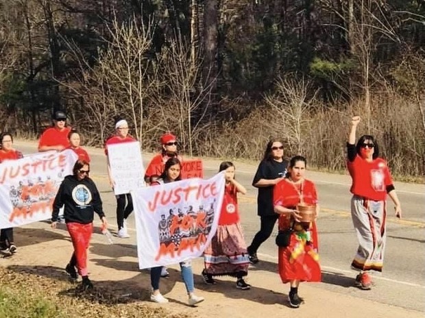 Rachel Fernandez (right), a member of the Menominee Nation and the MMIW Task Force, marches with other advocates on the May 5, 2021, National Day of Awareness for Missing and Murdered Indigenous Women and Girls. Photo courtesy Rachel Fernandez/WPR.