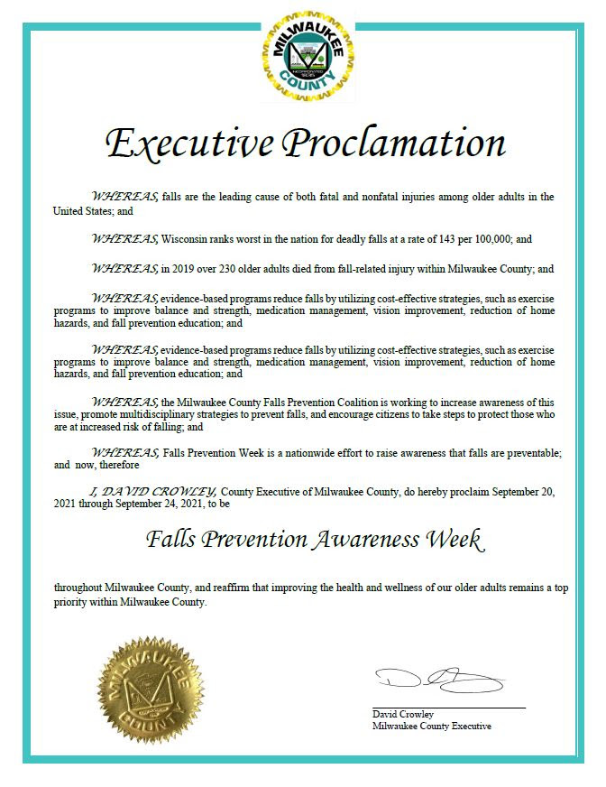 Milwaukee County Falls Prevention Coalition Brings Community Together as County Executive David Crowley Proclaims Falls Prevention Awareness Week