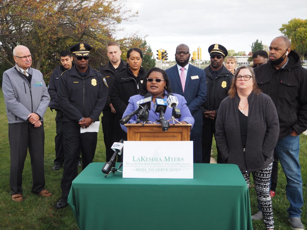 Rep. LaKeshia Myers speaks at a red light camera press conference. Photo by Jeramey Jannene.