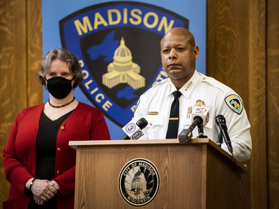 Madison Police Chief Shon Barnes, right, addresses reporters while standing next to Madison Mayor Satya Rhodes-Conway on Monday, April 19, 2021, at the Madison Municipal Building. Angela Major/WPR