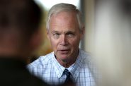 Sen. Ron Johnson speaks to reporters after a town hall Friday, Oct. 8, 2021, at Boulder Junction Town Hall in Boulder Junction, Wis. Angela Major/WPR