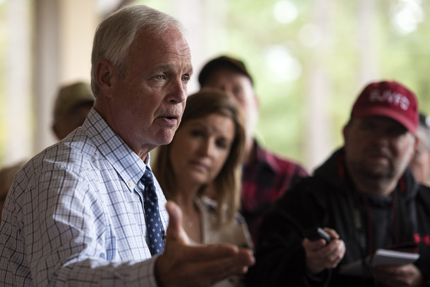 Sen. Ron Johnson speaks to reporters after holding a town hall Friday, Oct. 8, 2021, at Boulder Junction Town Hall in Boulder Junction, Wis. Angela Major/WPR