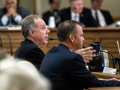 Wisconsin Assembly Speaker Robin Vos, left, speaks during a hearing about redistricting Thursday, Oct. 28, 2021, in at the Wisconsin State Capitol in Madison, Wis. Angela Major/WPR