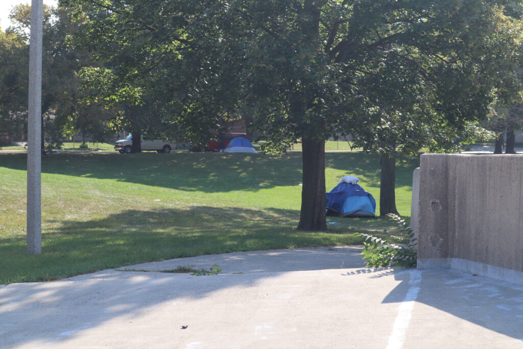 Clusters of tents can be found in King Park, though the number varies depending on the day. Photo by Isiah Holmes/Wisconsin Examiner.