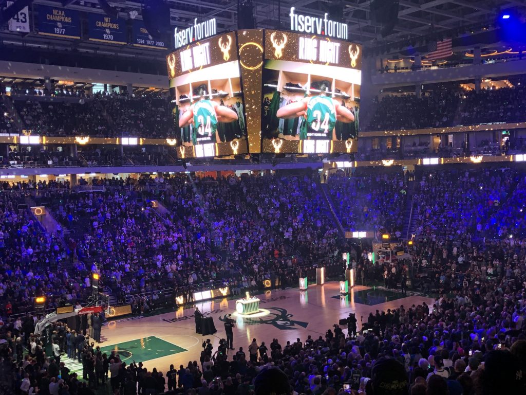 The 2020-2021 championship ring ceremony at Fiserv Forum. Photo by Jeramey Jannene.