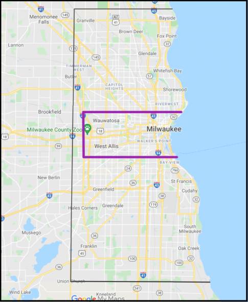 The SEIU Milwaukee janitors’ contract covers buildings inside the purple rectangle. (Wisconsin Examiner map made using My Maps from Google)