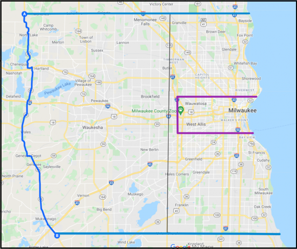 The new contract also provides a pathway for janitors to get union representation in the Milwaukee suburbs (bordered in blue). (Wisconsin Examiner map made using My Maps from Google)