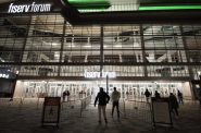 Basketball fans walk into the Fiserv Forum to watch the Milwaukee Bucks play the Denver Nuggets on Tuesday, March 2, 2021, in Milwaukee, Wis. Abaxent, LLC provided some of the IT work inside the arena that allows people to use cell phones. Angela Major/WPR