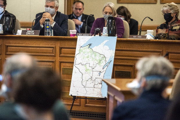 A map created by Republicans in the state legislature is displayed during a hearing Thursday, Oct. 28, 2021, in at the Wisconsin State Capitol in Madison, Wis. Angela Major/WPR