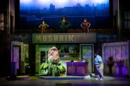 (l. to r.) Kristen Jeter (Chiffon), Raven Dockery (Ronnette), Brandite Reed (Crystal), and Kevin James Sievert (Seymour) in Skylight Music Theatre’s production of Little Shop of Horrors running November 19, 2021 - January 2, 2022. (Editor’s Note: Audrey II Puppeteer - Gabriella Ashlin. Audrey II Voice - Aaron Reese Boseman). Photo by Mark Frohna.