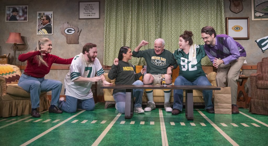 Milwaukee Repertory Theater presents Dad’s Season Tickets in the Stackner Cabaret October 29, 2021 – January 2, 2022. Pictured: Kelley Faulkner, Rick Pendzich, Jamie Mercado, Jonathan Gillard Daly, Sophie Grimm and Jackson Evans. Photo by Michael Brosilow.