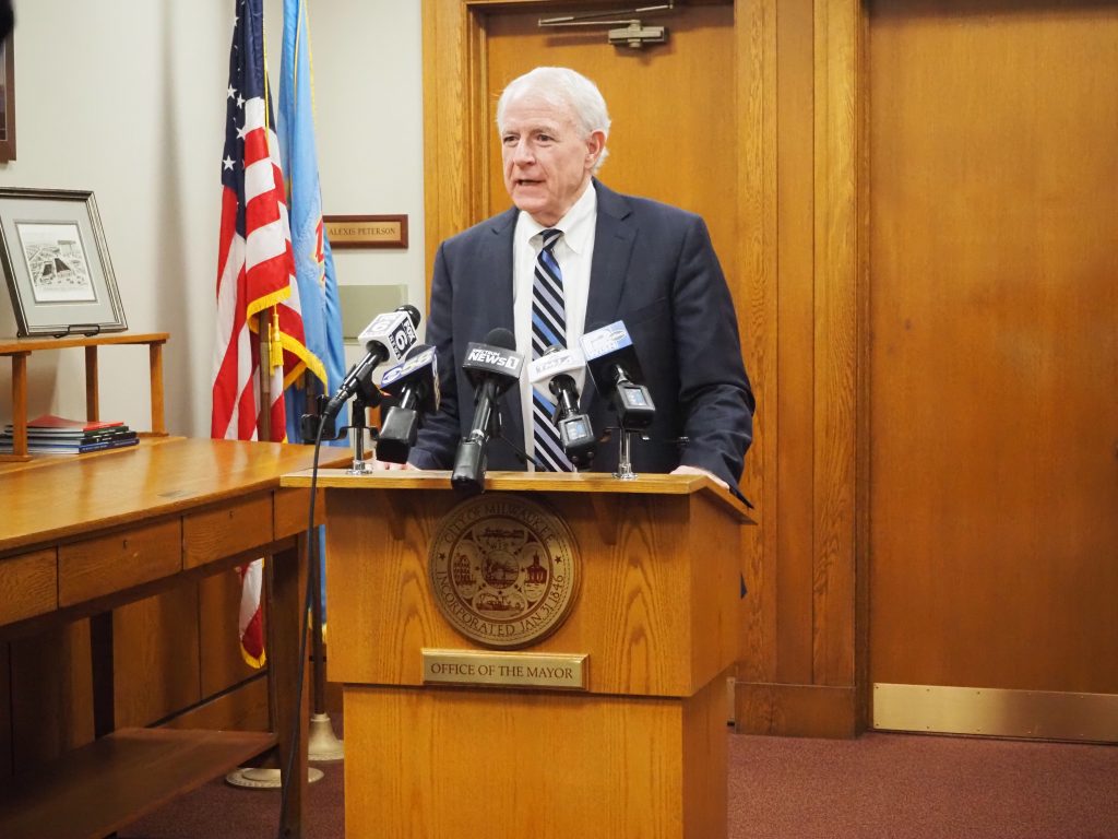 Mayor Tom Barrett speaks at a Dec. 17 press conference. Photo by Jeramey Jannene.