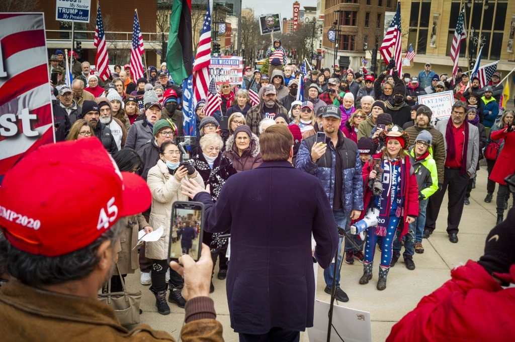 Pro-Trump rally with MyPillow CEO Mike Lindell on the steps of the Wisconsin State Capitol Dec. 7, 2020. Photo by Luther Wu/Wisconsin Examiner.