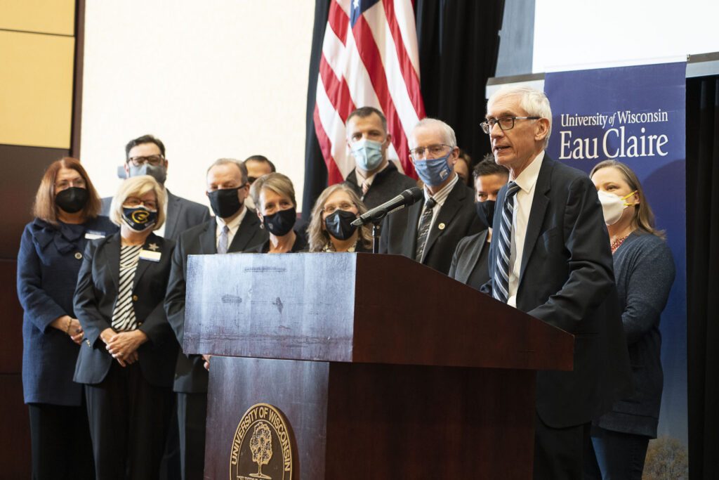 Gov. Tony Evers announces new state Workforce Innovation Grants Tuesday morning at a press conference in Eau Claire. Photo courtesy of University of Wisconsin-Eau Claire.