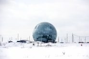 Snow surrounds the glass globe at the Mount Pleasant Foxconn campus on Thursday, Feb. 18, 2021. Angela Major/WPR