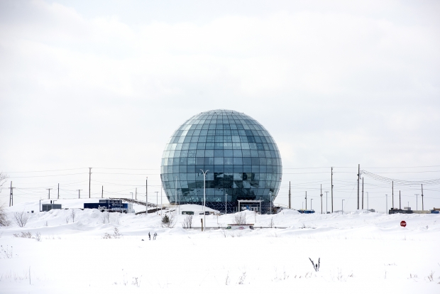 Snow surrounds the glass globe at the Mount Pleasant Foxconn campus on Thursday, Feb. 18, 2021. Angela Major/WPR