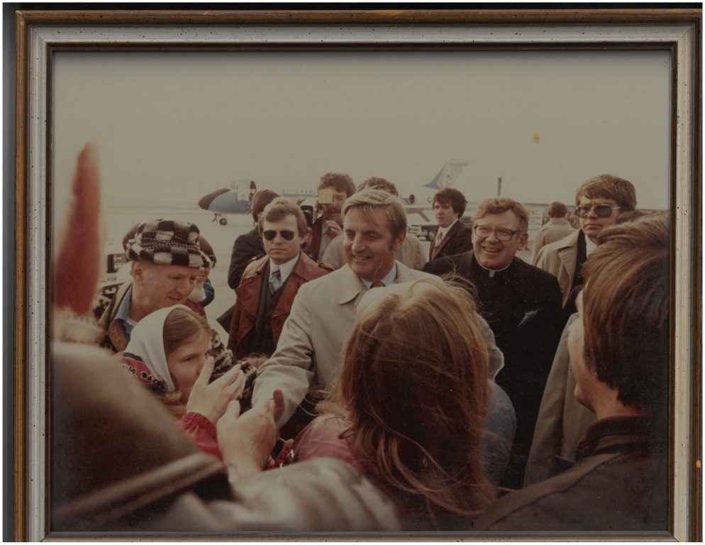 Cornell campaigns with Walter Mondale at an unknown location. Photo courtesy of St. Norbert Abbey.