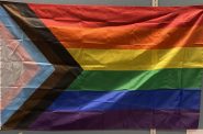 Sarah Whaley’s Rainbow Pride Flag, pinned up in her classroom before she was suspended for violating the Waukesha School District’s ban on signs and symbols that make political statements. Photo courtesy of Sarah Whaley/Wisconsin Examiner.