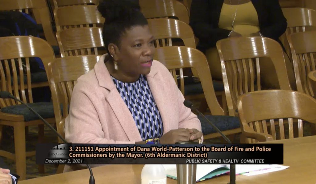 Dana World-Patterson addresses the Public Safety & Health Committee. Image from City Channel - City Clerk's Office.