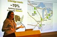 Jennifer Smith with Enbridge provides a presentation about the company and its plans to reroute Line 5 across northern Wisconsin in Ashland on Tuesday, Feb. 18, 2020. Danielle Kaeding/WPR