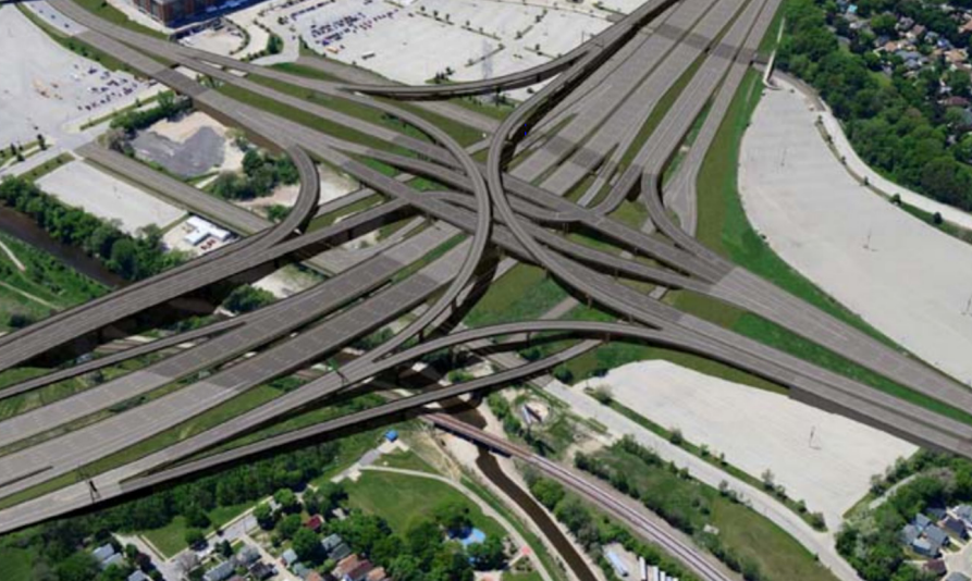 An illustration of the proposed Stadium Interchange expansion, looking southwest. Image from Wisconsin DOT.