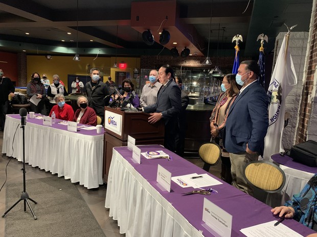 Oneida Nation Vice Chair Brandon Stevens speaks alongside members of the Business Committee on Tuesday, Nov. 30, 2021. The event marked the first day of legal sports betting in Wisconsin. Megan Hart/WPR