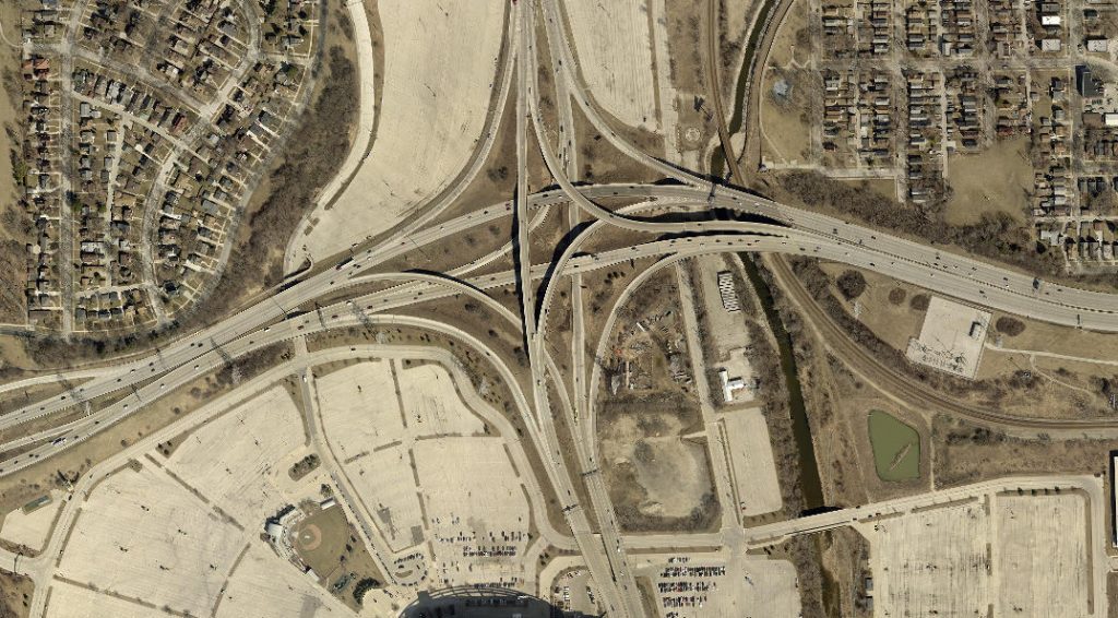 The Interstate 94 Stadium Interchange in 2018. Image from the Milwaukee County Land Information Office.