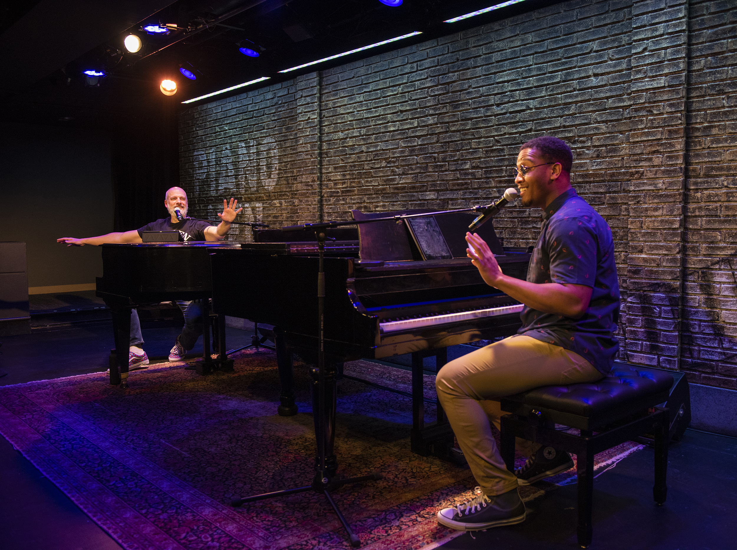 Milwaukee Repertory Theater presents Piano Men in the Stackner Cabaret January 7 – February 27, 2022. Pictured L-R: Steve Watts and Nygel D. Robinson. Photo by Michael Brosilow.