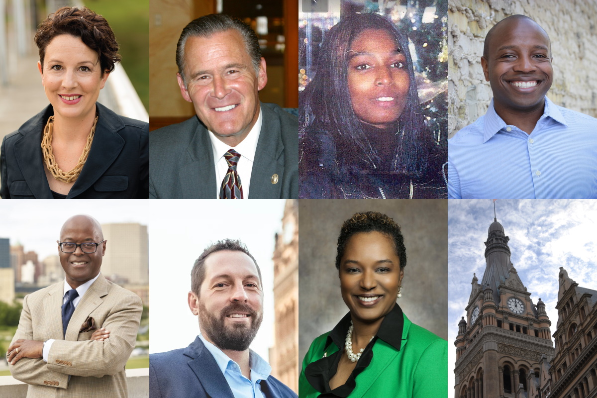 Clockwise from top left - Marina Dimitrijevic, Robert Donovan, Ieshuh Griffin, Cavalier Johnson, Milwaukee City Hall, Lena Taylor, Michael Sampson and Earnell Lucas. Images from candidates or Urban Milwaukee file photos.