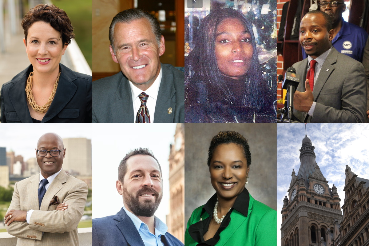 Clockwise from top left - Marina Dimitrijevic, Robert Donovan, Ieshuh Griffin, Cavalier Johnson, Milwaukee City Hall, Lena Taylor, Michael Sampson and Earnell Lucas. Images from candidates or Urban Milwaukee file photos.