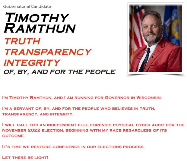A screenshot of a part of Timothy Ramthun's campaign website before it was taken down Wednesday night. Shawn Johnson/WPR