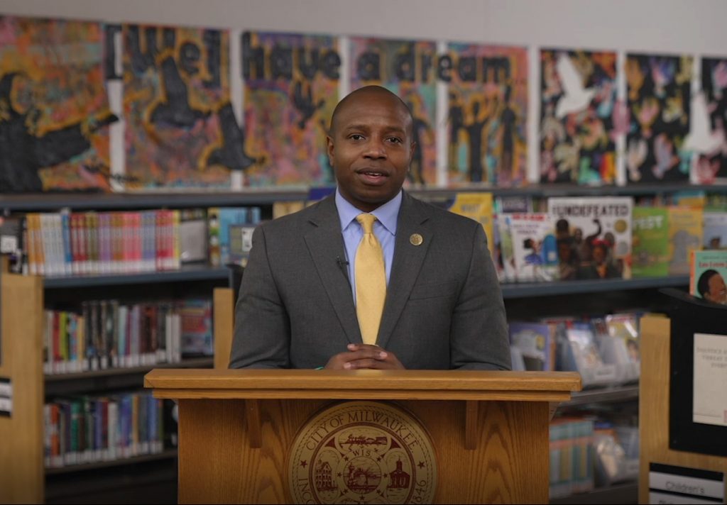 Acting Mayor Cavalier Johnson delivers the 2022 State of the City speech. Screen capture.