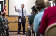 Sen. Ron Johnson speaks to constituents during a town hall Friday, Oct. 8, 2021, at Boulder Junction Town Hall in Boulder Junction, Wis. Angela Major/WPR