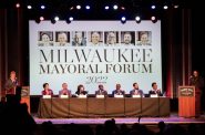 Milwaukee mayoral candidates sit on stage before taking questions from attendees during a forum Wednesday, Feb. 9, 2022, at the Turner Hall Ballroom in Milwaukee, Wis. Angela Major/WPR