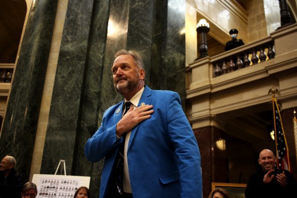 Rep. Tim Ramthun enters a rally in the state capitol calling for the recall of Wisconsin’s 2020 electoral college votes. Photo by Henry Redman/Wisconsin Examiner.