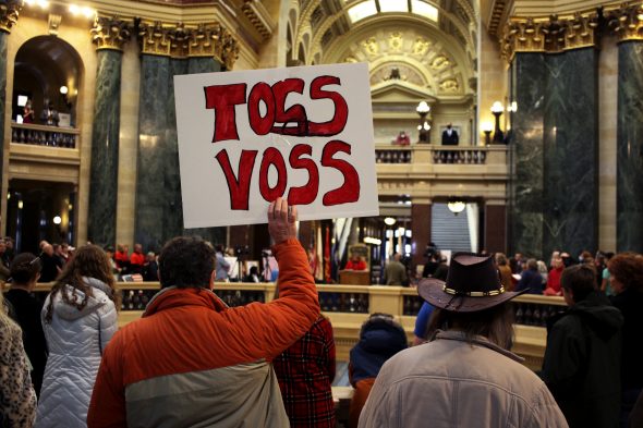 Rally goers attacked members of Wisconsin’s Republican leadership. Photo by Henry Redman/Wisconsin Examiner.