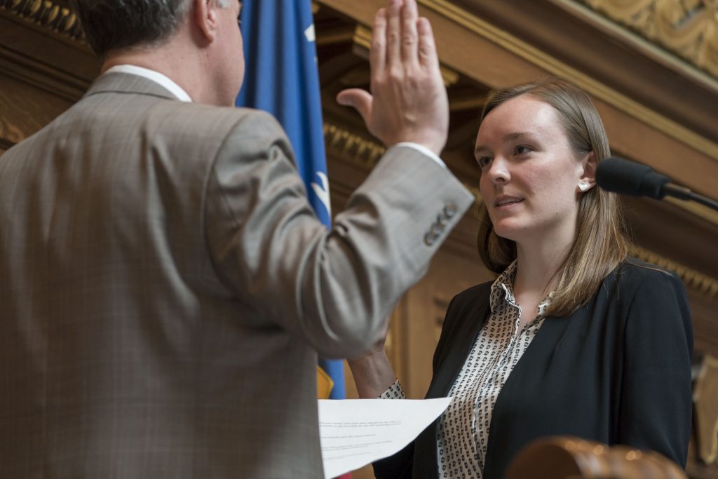 Rep. Greta Neubauer swearing in. Official photo via district website.