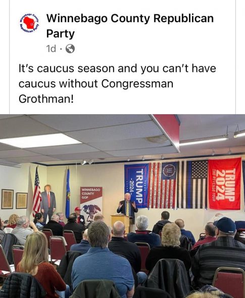 U.S. Rep. Glenn Grothman speaks in front of the Three Percenter flag. (Screenshot | Winnebago County Republican Party)
