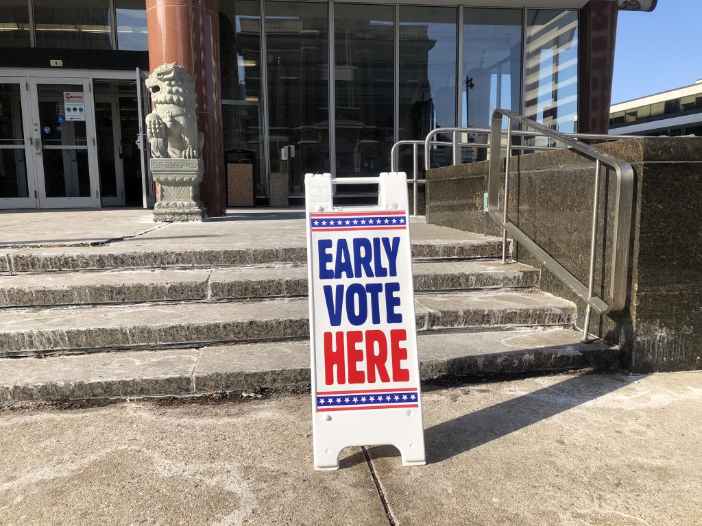 Early voting sign outside the Zeidler Municipal Building. Photo by Jeramey Jannene.