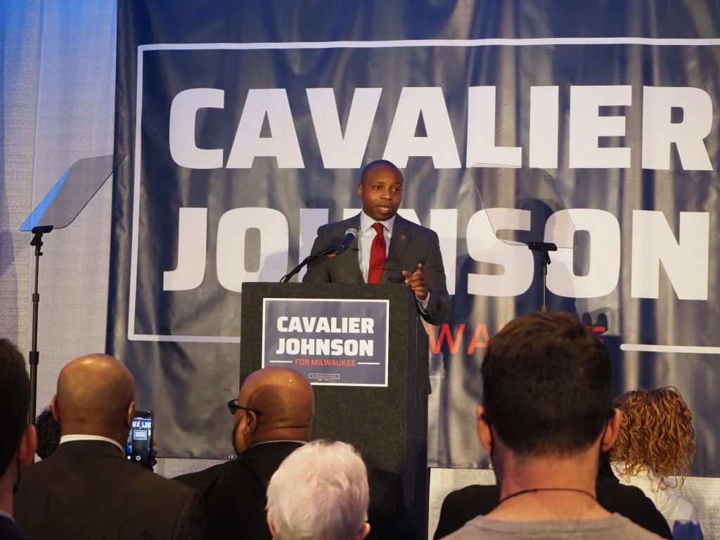 Cavalier Johnson addresses supports at his election night event. Photo by Jeramey Jannene.