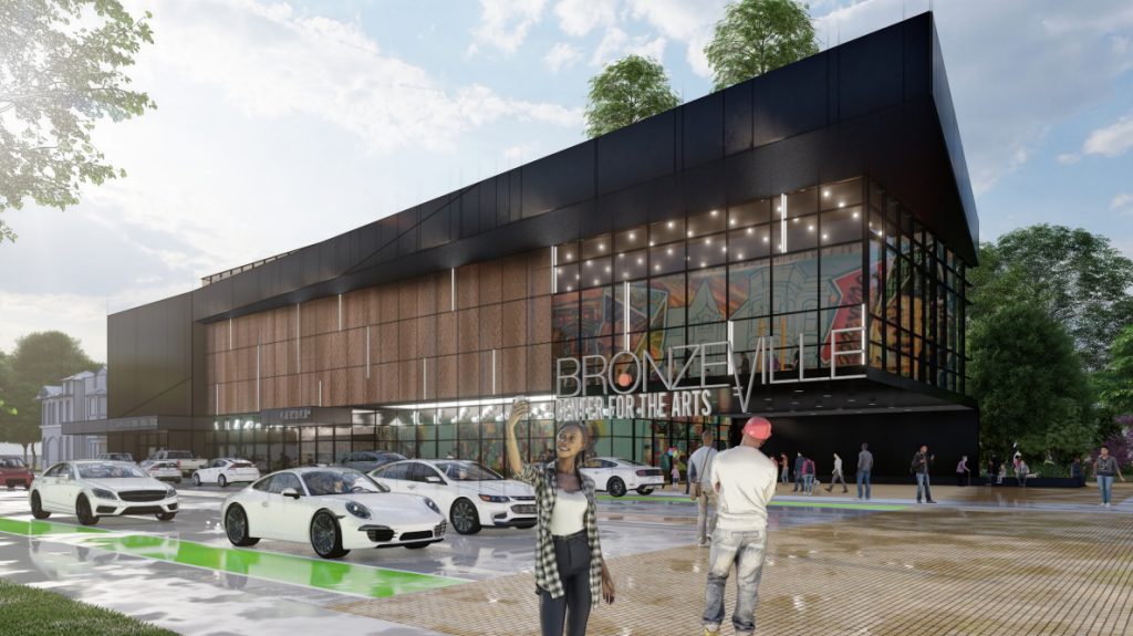 Conceptual, non-site-specific rendering of Bronzeville Center for the Arts. Rendering by Wilson & Ford Design Studios.