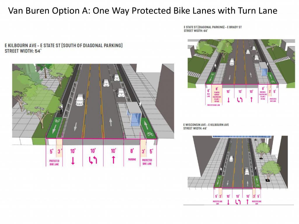 One of the proposed designs for the planned Van Buren Street reconfiguration would narrow travel lanes to 10 feet. Image from the City of Milwaukee.