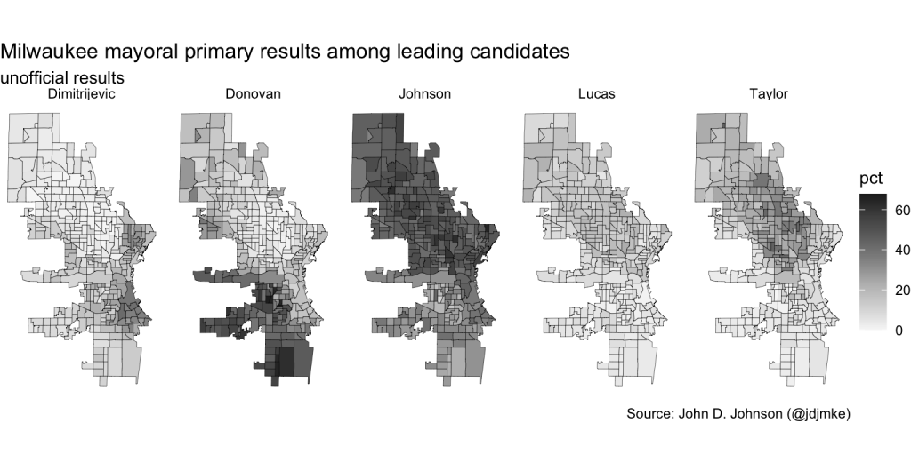 Milwaukee mayoral primary results among leading candidates (unofficial results).